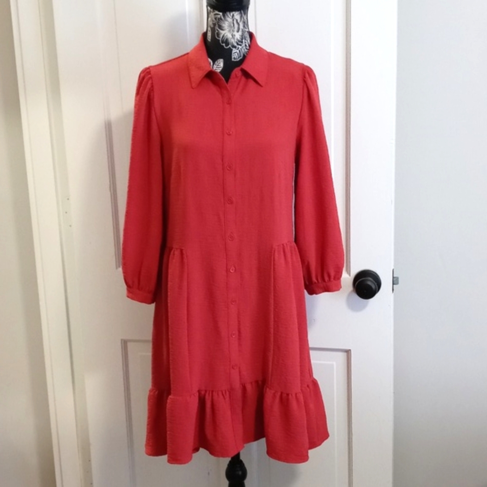 ❤️Tahari❤️ - Red Button-Front 3/4 Sleeve Peplum Hem Dress